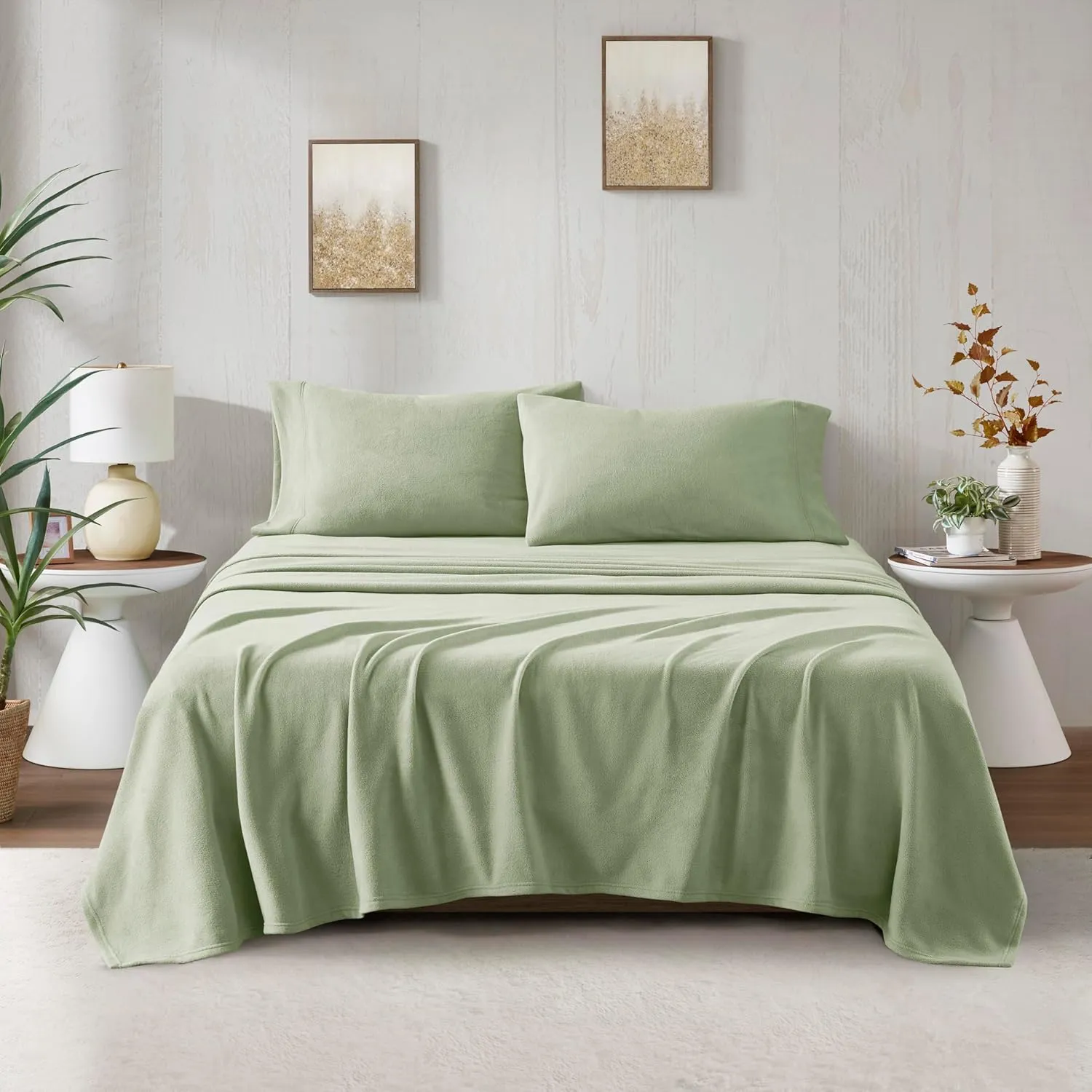 True North by Sleep Philosophy Micro Fleece Bed Sheet Set, Warm, Sheets with 14" Deep Pocket, for Cold Season Cozy Sheet-Set, Matching Pillow Case, Queen, Green, 4 Piece