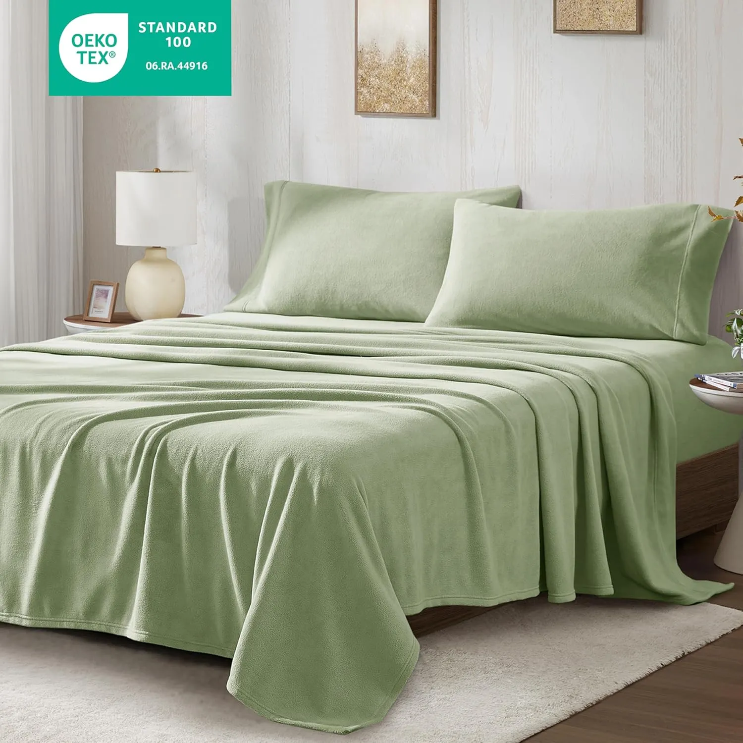 True North by Sleep Philosophy Micro Fleece Bed Sheet Set, Warm, Sheets with 14" Deep Pocket, for Cold Season Cozy Sheet-Set, Matching Pillow Case, Queen, Green, 4 Piece
