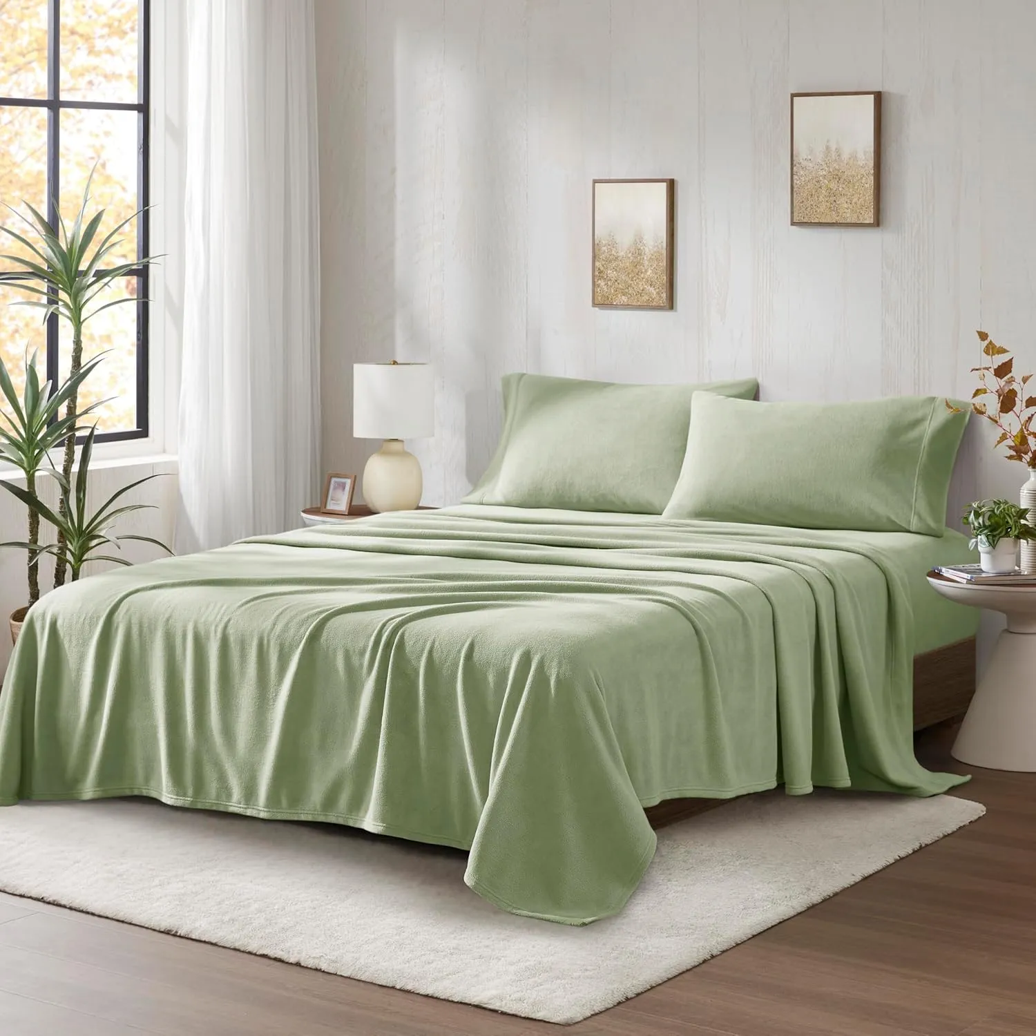 True North by Sleep Philosophy Micro Fleece Bed Sheet Set, Warm, Sheets with 14" Deep Pocket, for Cold Season Cozy Sheet-Set, Matching Pillow Case, Queen, Green, 4 Piece