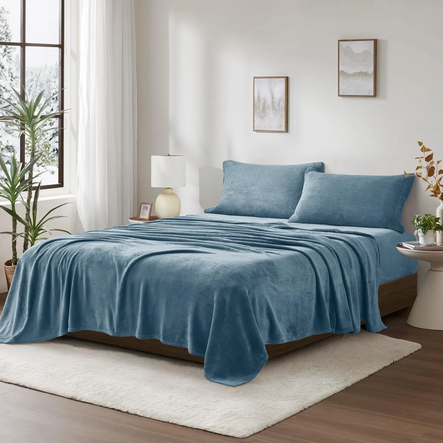 True North by Sleep Philosophy Plush Sheet Set King, Solid Color, Warm & Soft Bedding King Size Sheets, Fitted Pocket Fits Up to 16" Mattress, Soloft, King, Blue, 4 Piece