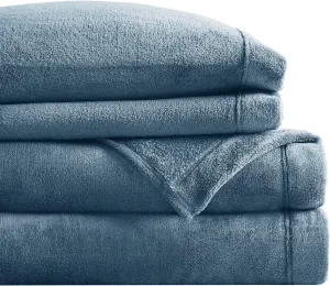 True North by Sleep Philosophy Plush Sheet Set King, Solid Color, Warm & Soft Bedding King Size Sheets, Fitted Pocket Fits Up to 16" Mattress, Soloft, King, Blue, 4 Piece