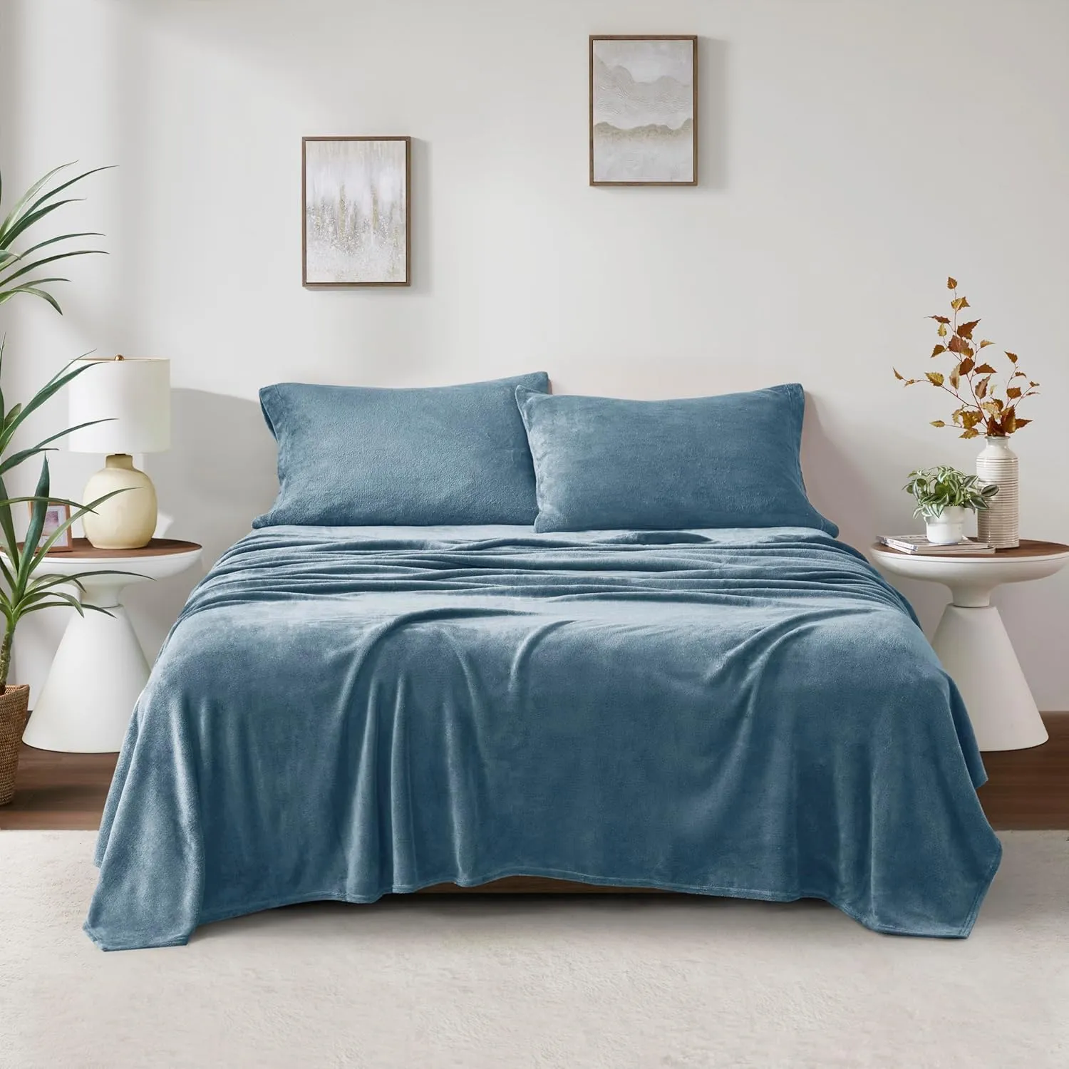True North by Sleep Philosophy Plush Sheet Set King, Solid Color, Warm & Soft Bedding King Size Sheets, Fitted Pocket Fits Up to 16" Mattress, Soloft, King, Blue, 4 Piece