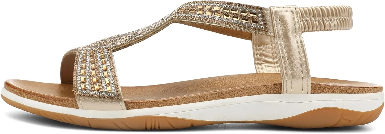 UBFEN Flat Sandals For Women Dressy Walking Comfortable Sandal With Rhinestone Braid Elastic Strap Summer Vacation