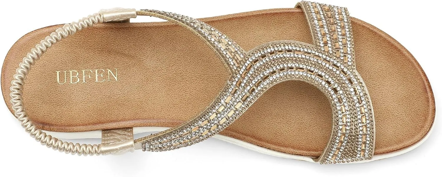 UBFEN Flat Sandals For Women Dressy Walking Comfortable Sandal With Rhinestone Braid Elastic Strap Summer Vacation
