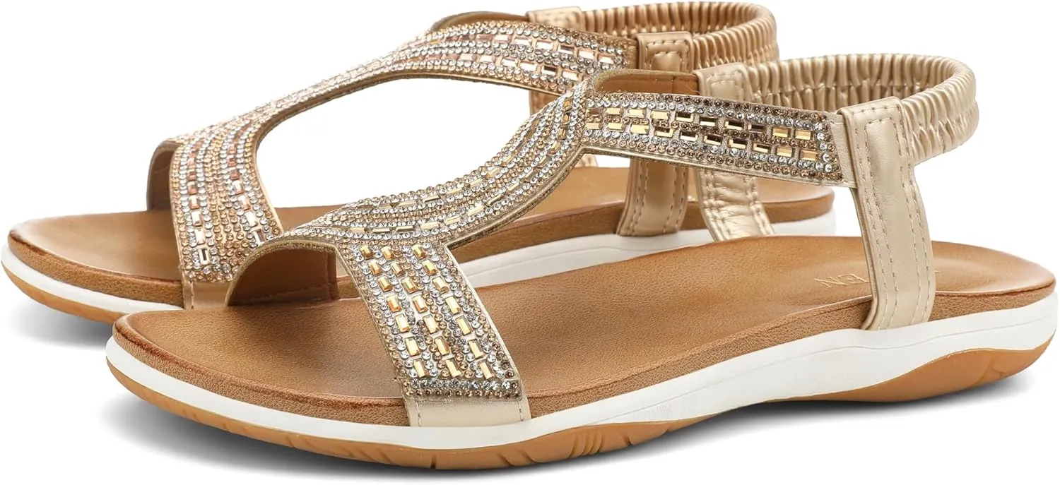 UBFEN Flat Sandals For Women Dressy Walking Comfortable Sandal With Rhinestone Braid Elastic Strap Summer Vacation