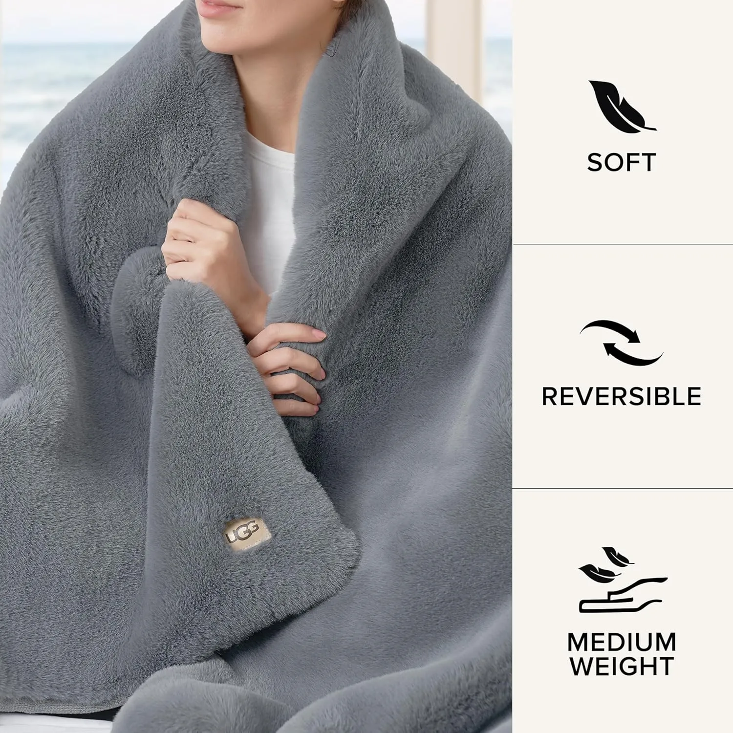 UGG Euphoria Plush Faux Fur Throw Blanket Medium Weight Reversible Luxury Soft Throw for Couch Bed or Chair Hypoallergenic Machine Washable Home Decor Blanket, 50-inch x 70-inch, Chambray Blue Grey