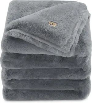UGG Euphoria Plush Faux Fur Throw Blanket Medium Weight Reversible Luxury Soft Throw for Couch Bed or Chair Hypoallergenic Machine Washable Home Decor Blanket, 50-inch x 70-inch, Chambray Blue Grey