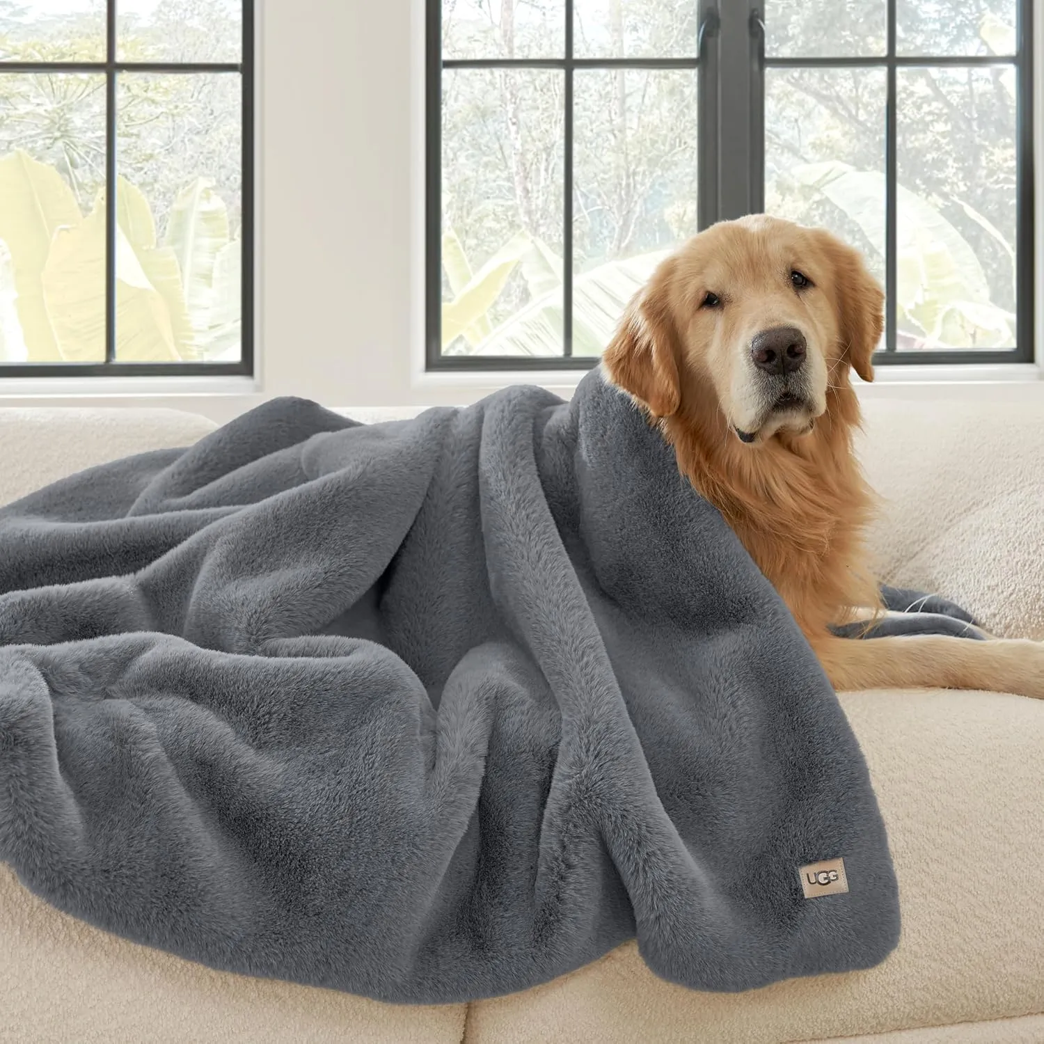UGG Euphoria Plush Faux Fur Throw Blanket Medium Weight Reversible Luxury Soft Throw for Couch Bed or Chair Hypoallergenic Machine Washable Home Decor Blanket, 50-inch x 70-inch, Chambray Blue Grey