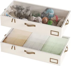 Under Bed Storage Containers, 2-Pack Underbed Storage Box, Collapsible Clothes Storage Bins with Handles and Lid, Medium Under Bed Organizers for Shoe, Blanket, Toy, Pillow, Sheet, Beige