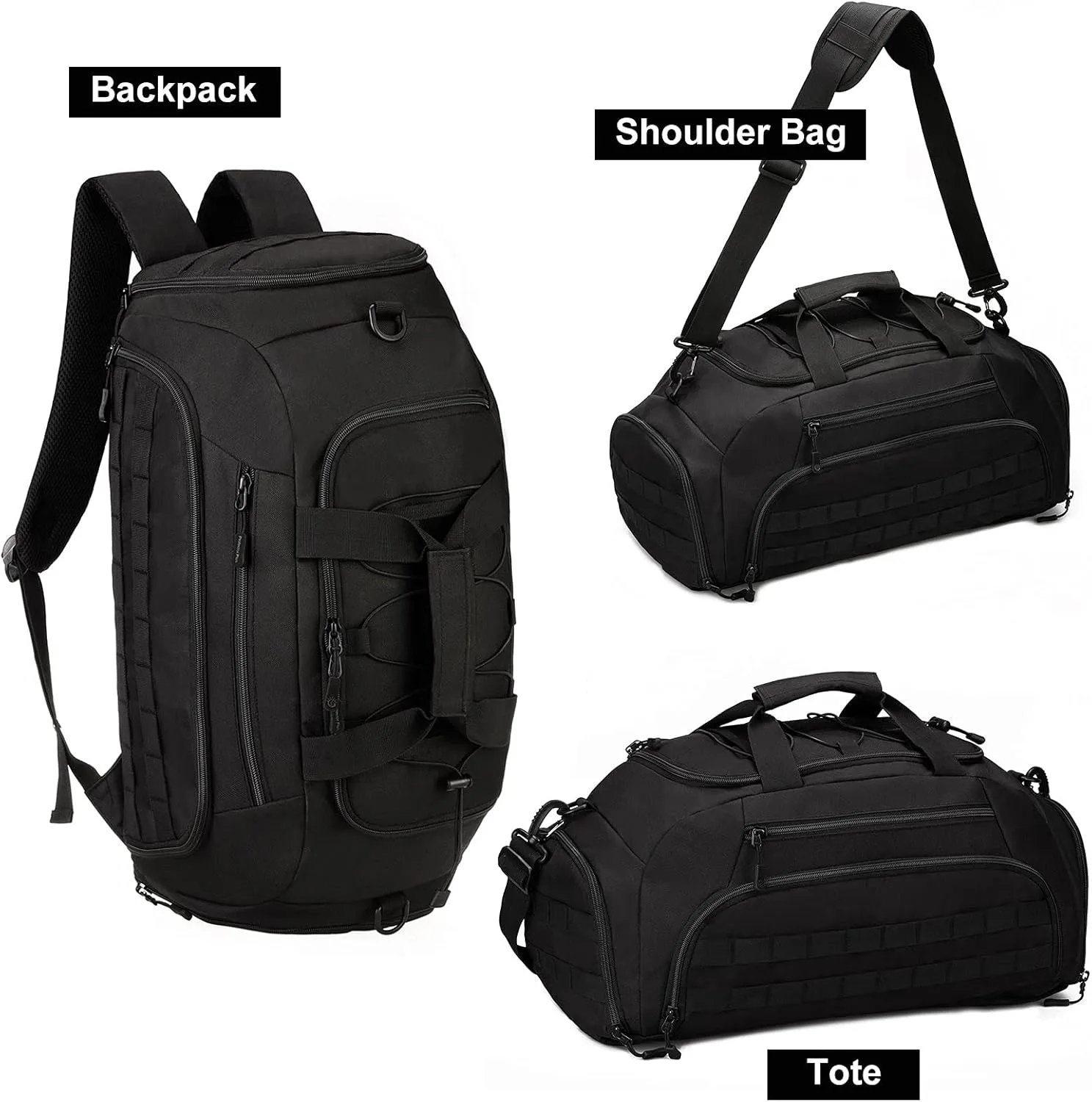 UNISTRENGH 3-Ways Tactical Military Nylon Men Holdall Weekend Travel Duffel Bag Backpack Messenger Shoulder Bags Rucksack Handbag (Black-45L)