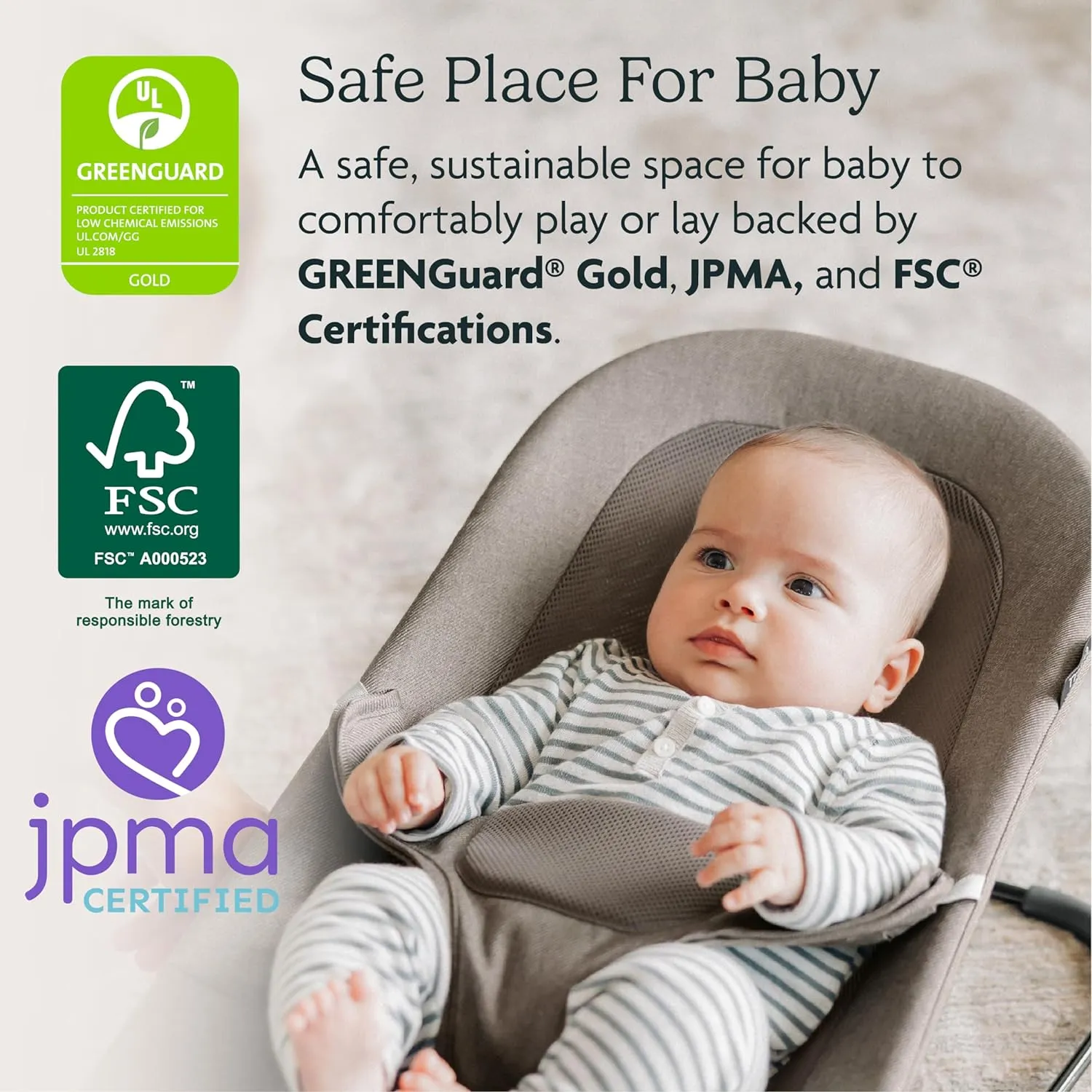 UPPAbaby Mira Bouncer/Portable 2-in-1 Bouncer   Seat Grows with Your Baby/GREENGuard® Gold, JPMA   FSC® Certified/Cozy Seat Liner   Storage Bag Included/Wells (Taupe Mélange/Black Chrome/Walnut Wood)