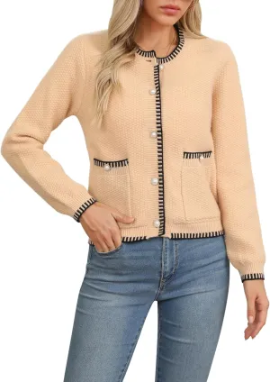 V FOR CITY Cardigan Blazers for Women Knit Tweed Jacket Winter Chunky Cardigans Button Down Sweater Coat with Pockets