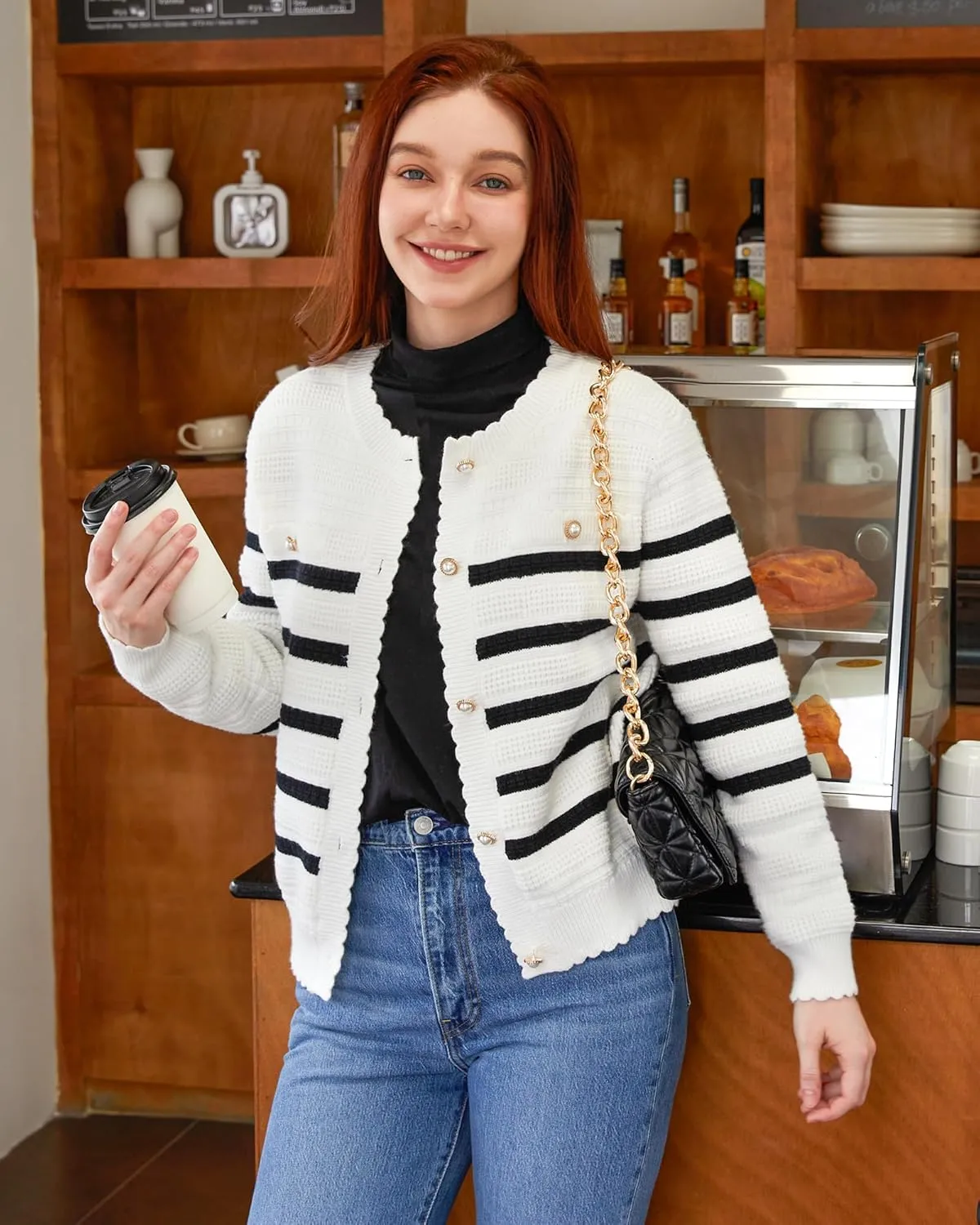 V FOR CITY Cardigan Blazers for Women Knit Tweed Jacket Winter Chunky Cardigans Button Down Sweater Coat with Pockets