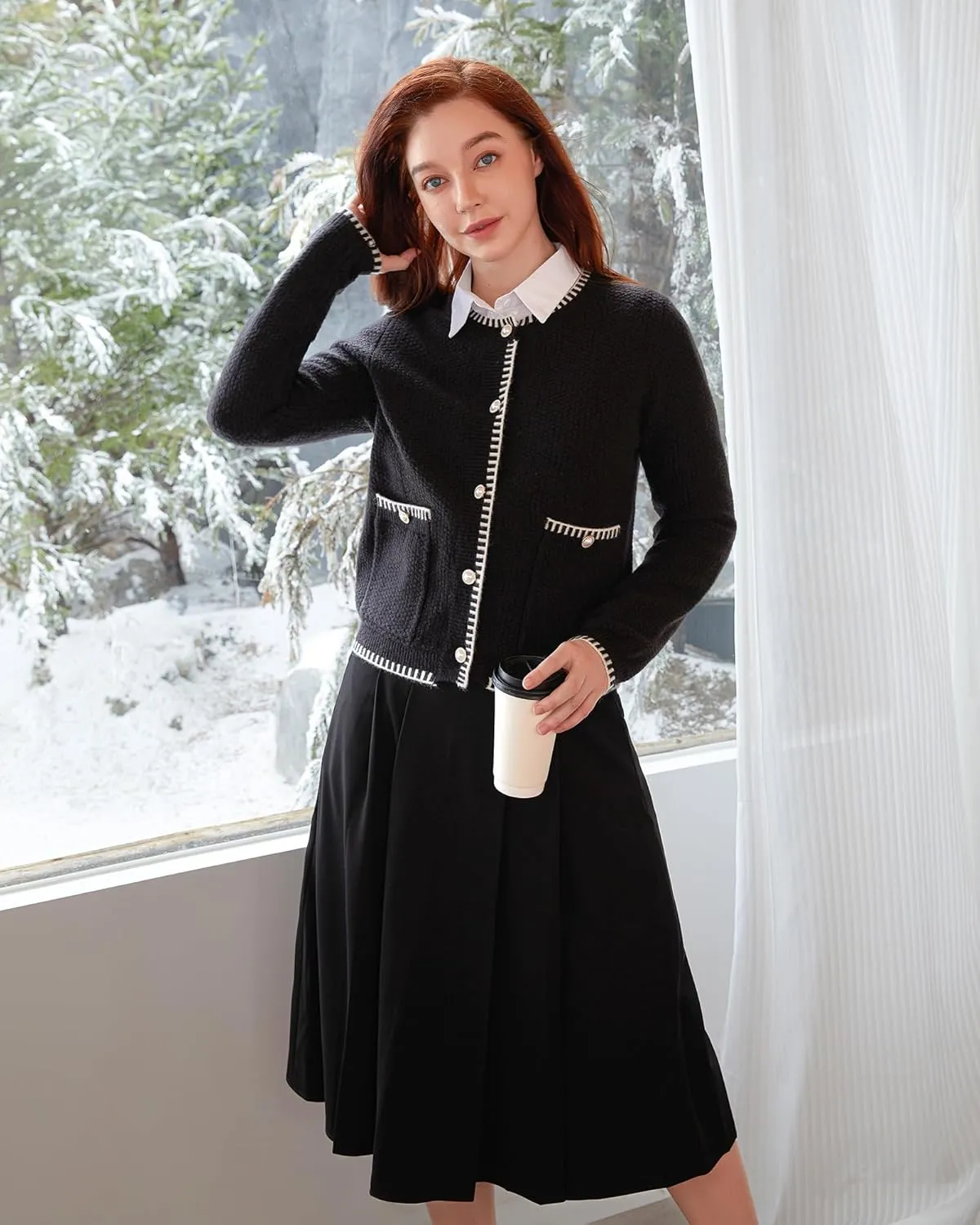 V FOR CITY Cardigan Blazers for Women Knit Tweed Jacket Winter Chunky Cardigans Button Down Sweater Coat with Pockets
