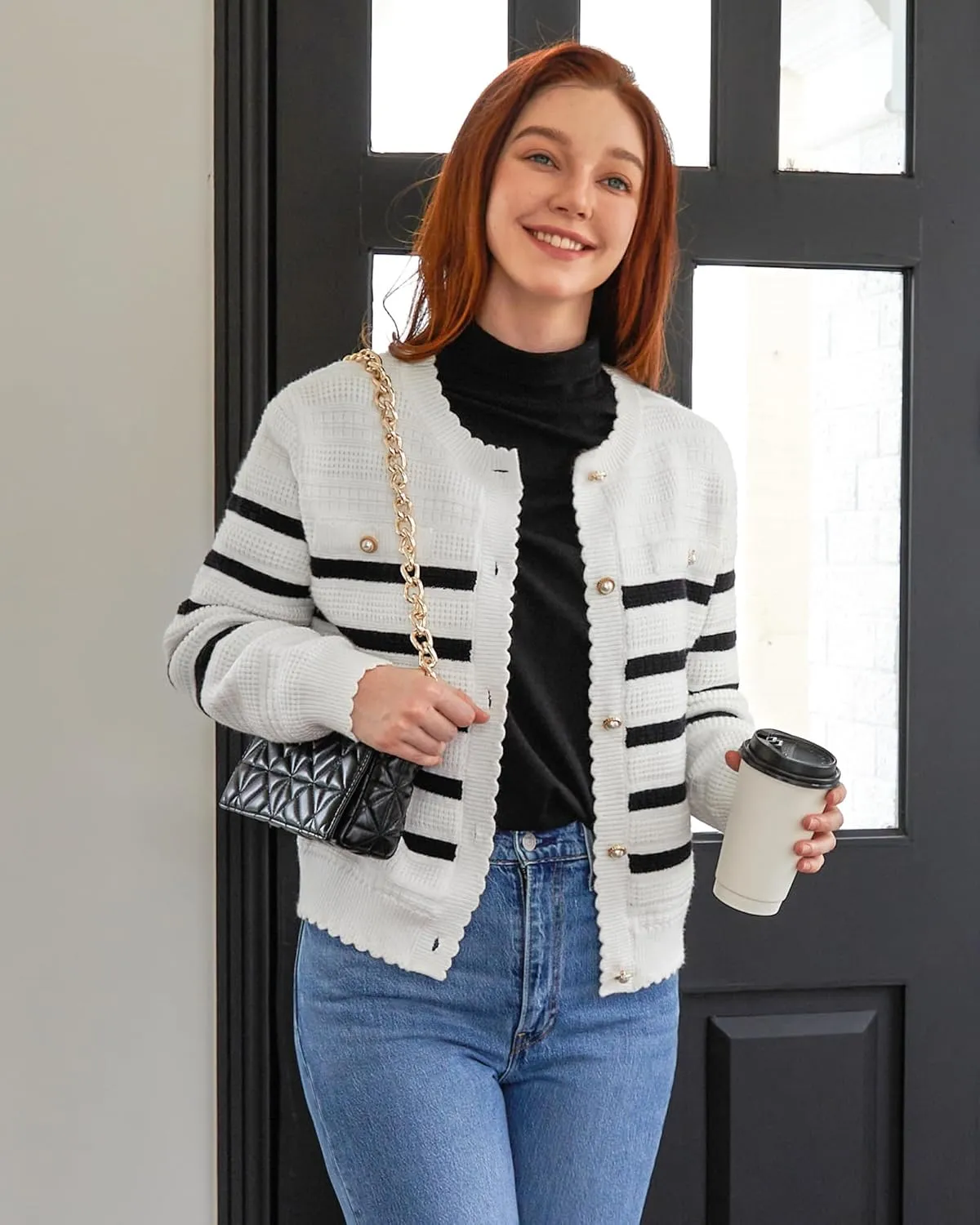 V FOR CITY Cardigan Blazers for Women Knit Tweed Jacket Winter Chunky Cardigans Button Down Sweater Coat with Pockets