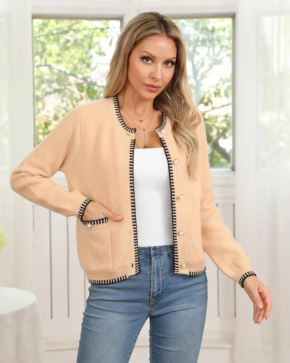 V FOR CITY Cardigan Blazers for Women Knit Tweed Jacket Winter Chunky Cardigans Button Down Sweater Coat with Pockets