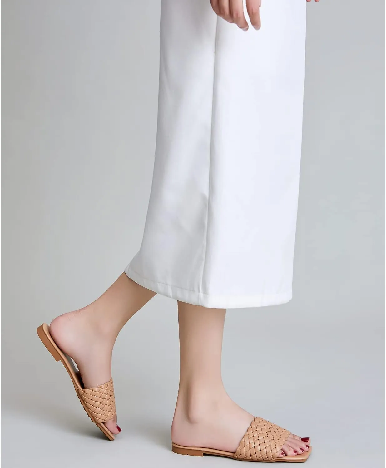 Vertundy Slides For Women Sandals Braided Strap Open Square Toe Flat Slippers Slip On Single Casual Shoes Summer