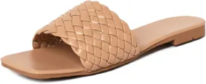 Vertundy Slides For Women Sandals Braided Strap Open Square Toe Flat Slippers Slip On Single Casual Shoes Summer