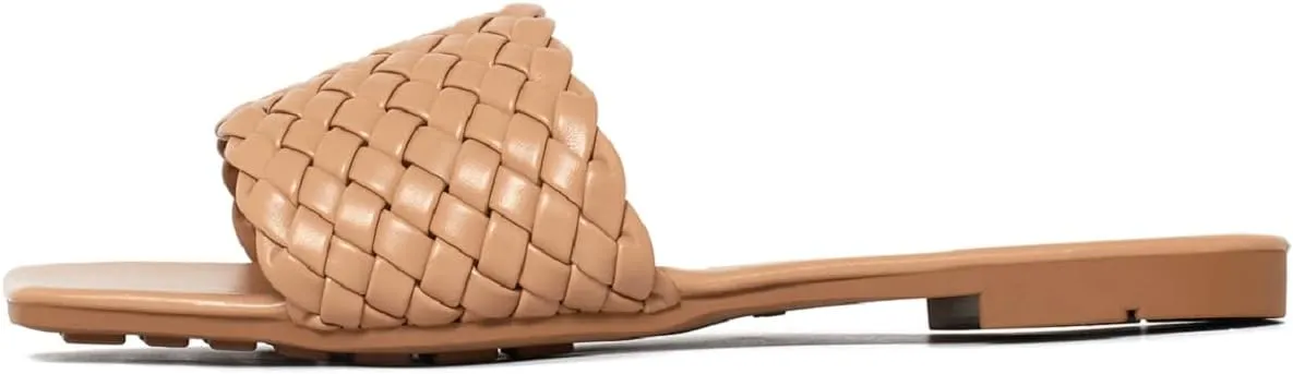 Vertundy Slides For Women Sandals Braided Strap Open Square Toe Flat Slippers Slip On Single Casual Shoes Summer