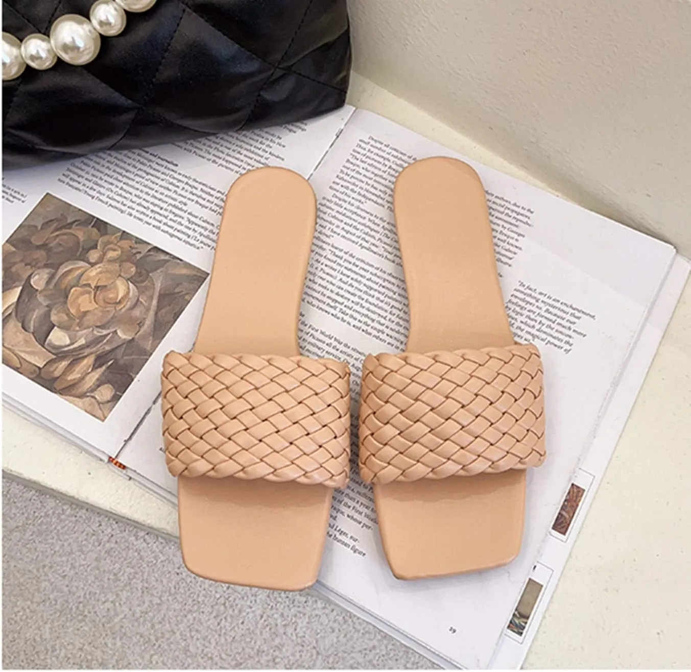 Vertundy Slides For Women Sandals Braided Strap Open Square Toe Flat Slippers Slip On Single Casual Shoes Summer