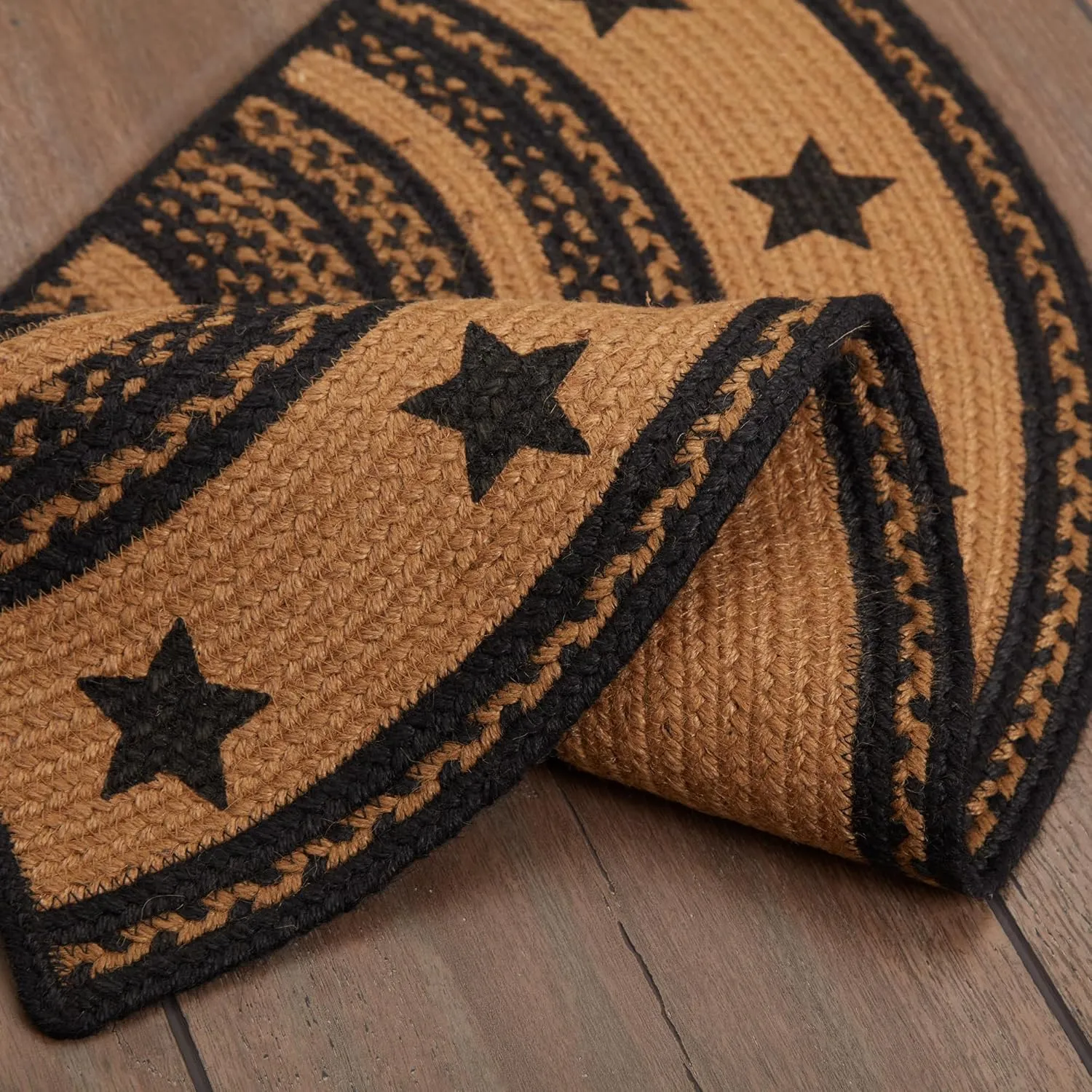 VHC Brands Farmhouse Primitive Jute Accent Rug Half Circle Stencil Stars Border w/Pad 16.5"x33"