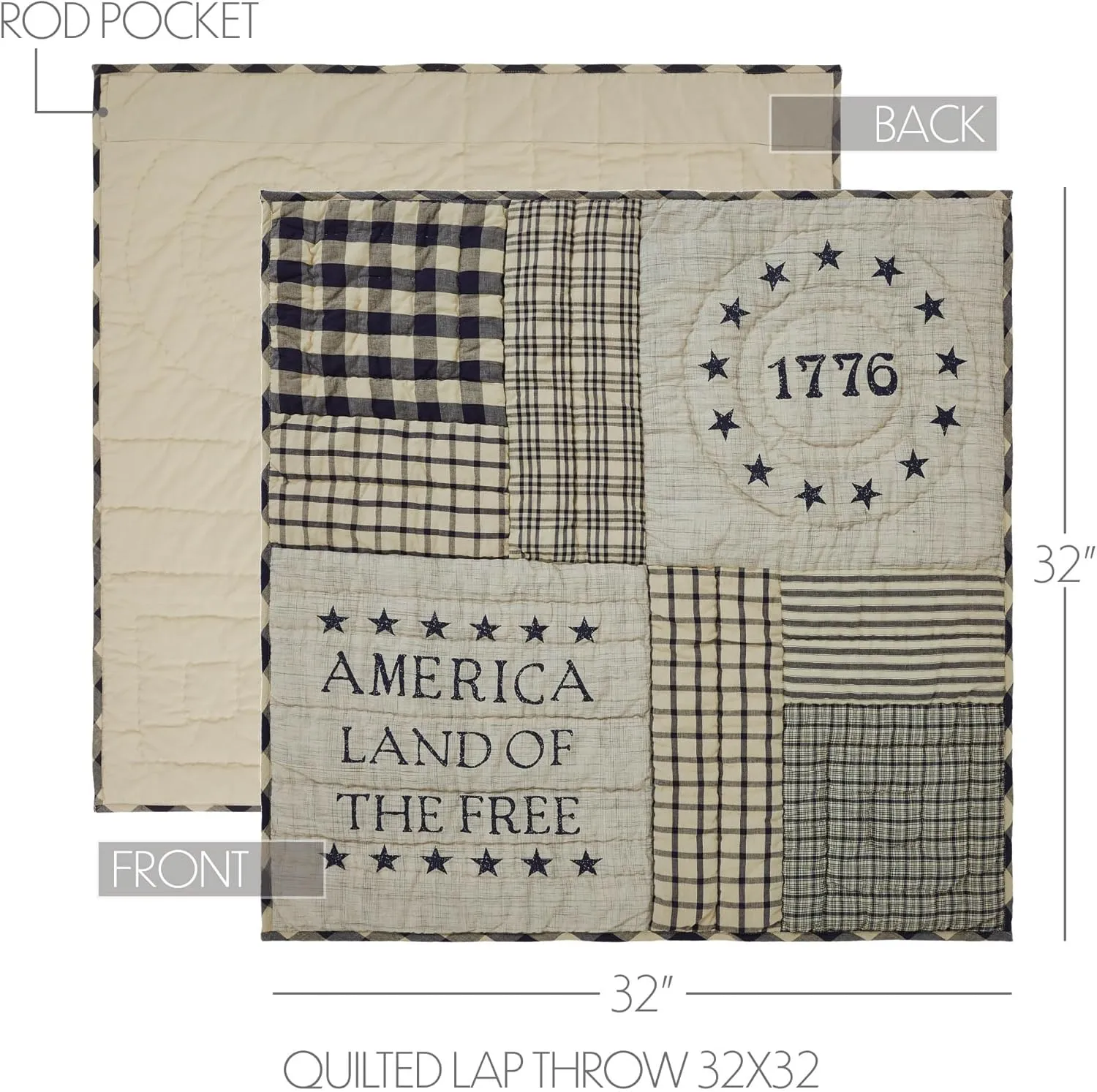 VHC Brands My Country Quilted Lap Throw 32Wx32L, Bedroom and Living Room Decor, Blanket, Cotton, My Country Collection, Square 32x32, Navy