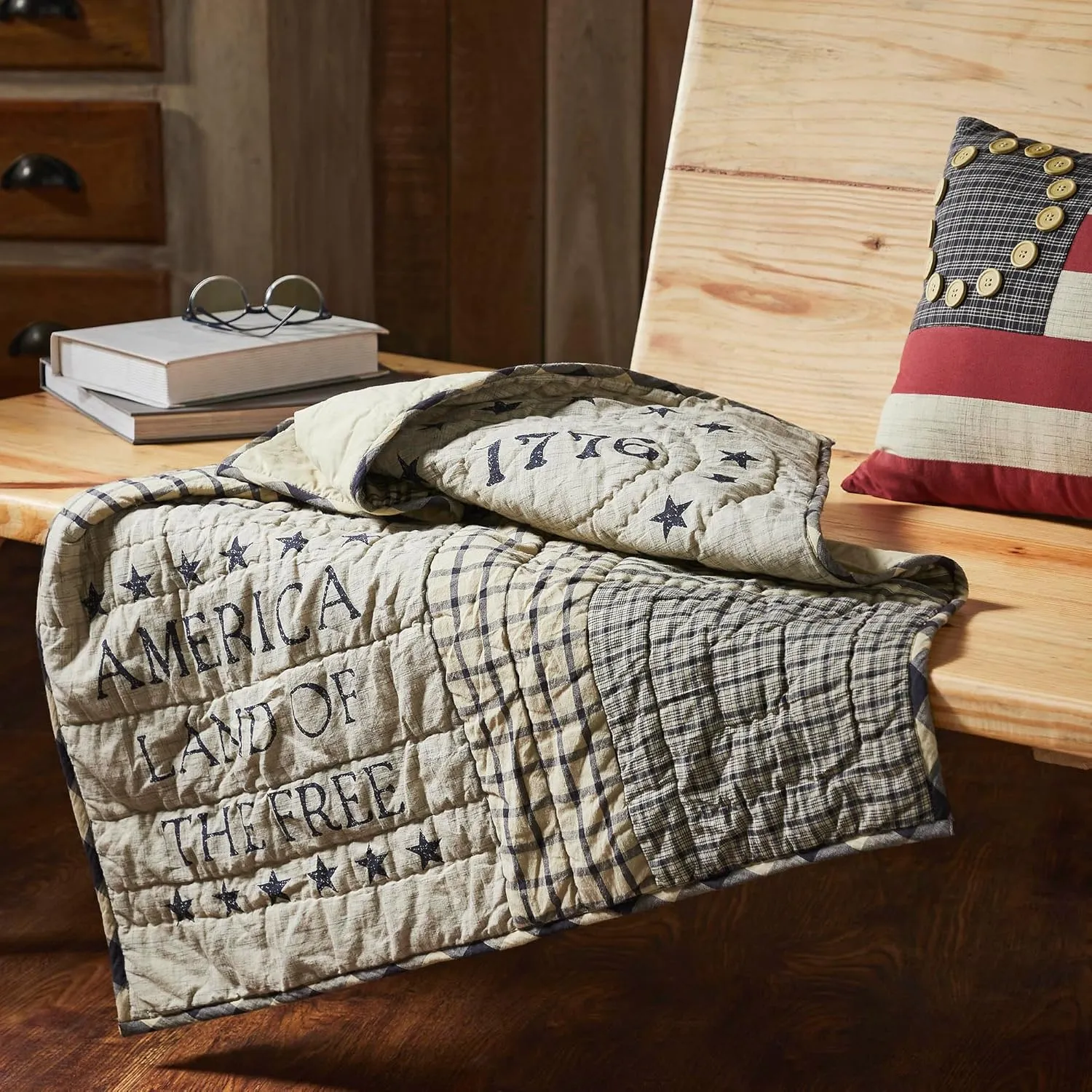 VHC Brands My Country Quilted Lap Throw 32Wx32L, Bedroom and Living Room Decor, Blanket, Cotton, My Country Collection, Square 32x32, Navy