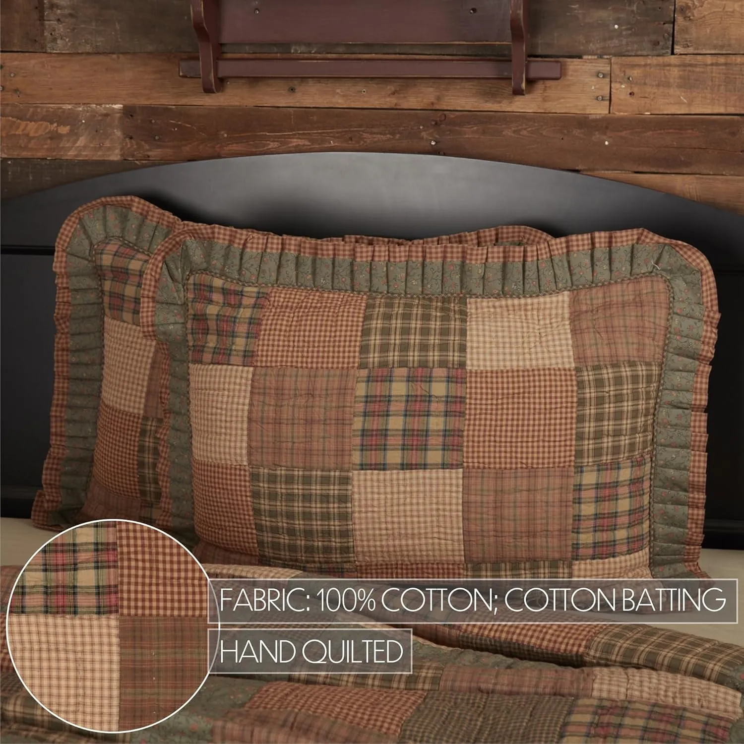 VHC Brands Primitive Bedding Cinnamon Plaid Cotton Hand Quilted Patchwork Standard Sham, Dark Olive Green