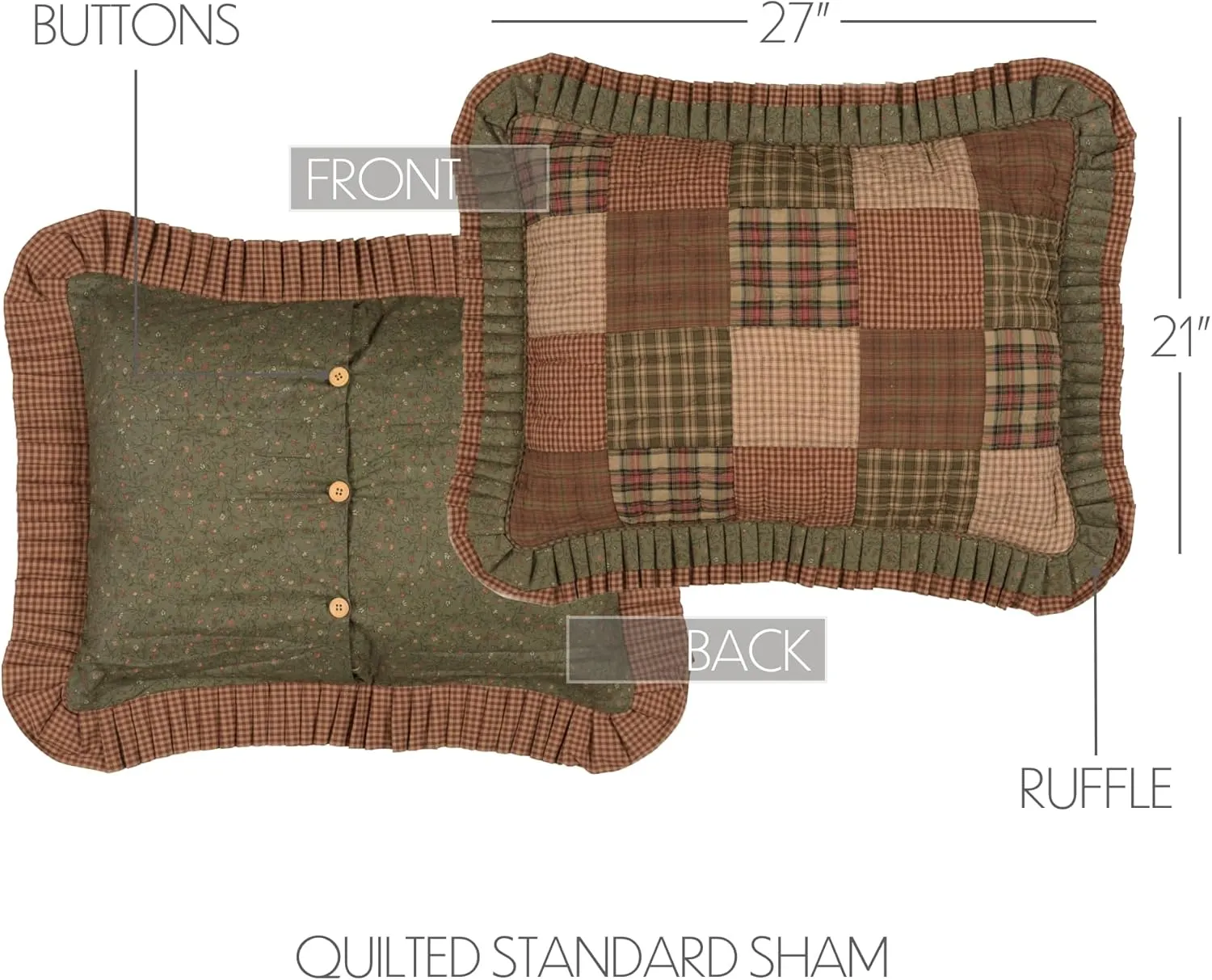 VHC Brands Primitive Bedding Cinnamon Plaid Cotton Hand Quilted Patchwork Standard Sham, Dark Olive Green