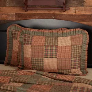 VHC Brands Primitive Bedding Cinnamon Plaid Cotton Hand Quilted Patchwork Standard Sham, Dark Olive Green