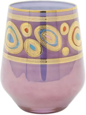 Vietri Regalia Purple Stemless Wine Glass - 14K Gold Barware, 4.25" H, 12 oz