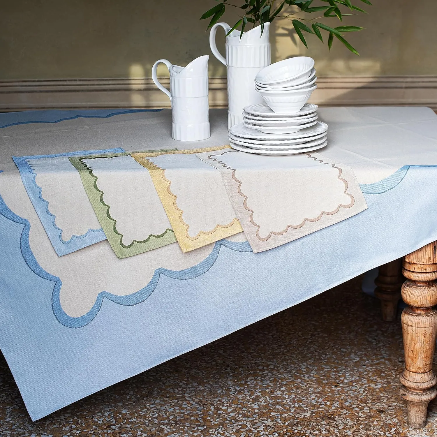 Vietri Tavola Blue Scalloped Tablecloth Elegant Polyester Rectangular Dining Table Cover Home Decor - 12 x 63 Inch Blue