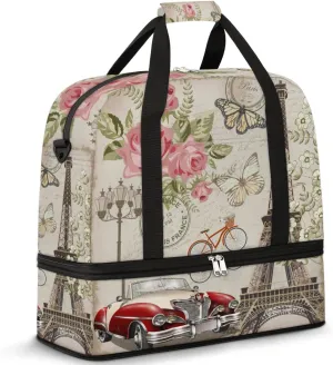 Vintage Eiffel Tower Rose Flower Foldable Travel Duffel Bag Tote Carry On Luggage Sports Gym Bag With Shoe Compartment For Woman Man Overnight Weekend Yoga Workout Bag Training Handbag