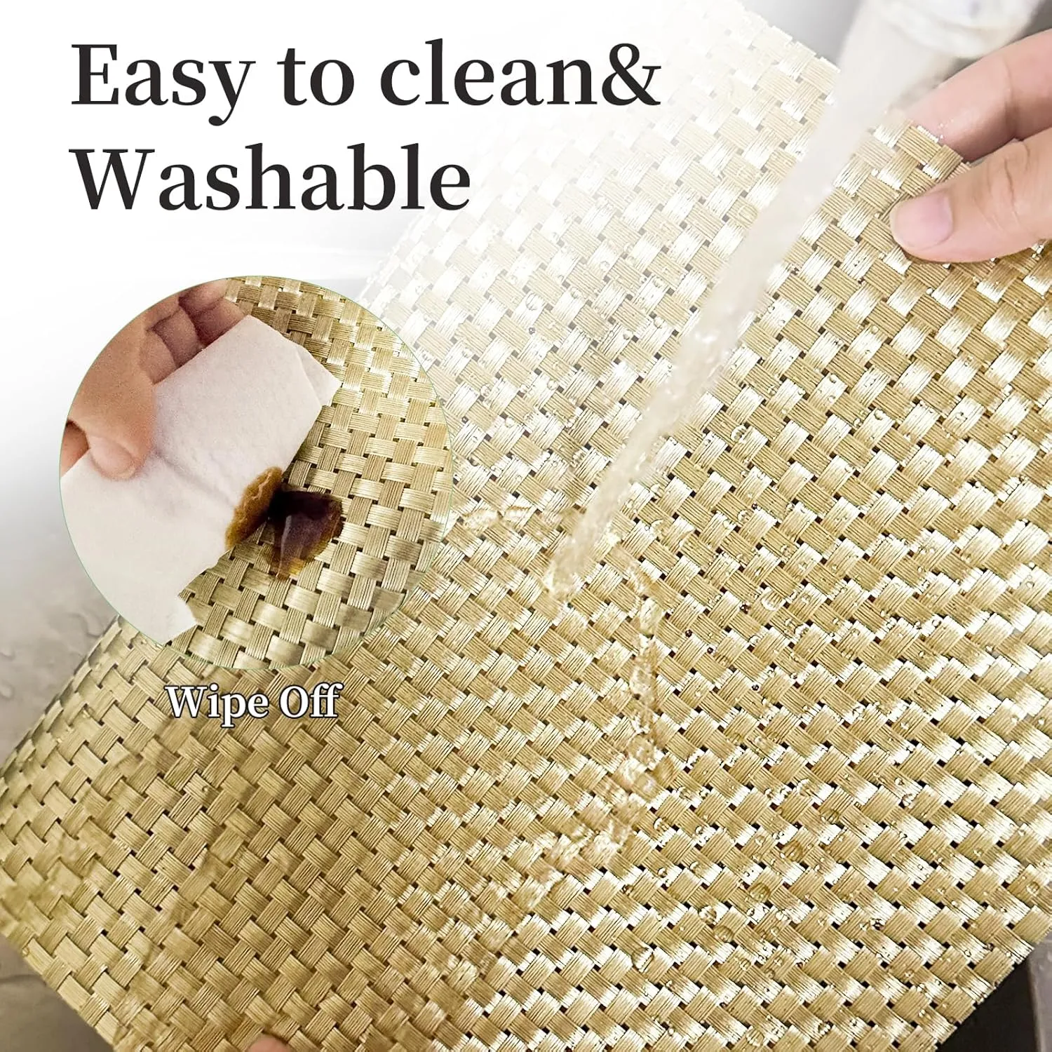 Vinyl Plastic Placemats Set of 6 Washable Heat Resistant Non-Slip Elegant Indoor&Outdoor Kitchen Dining PVC Woven Table Place Mats (Gold Weaving)