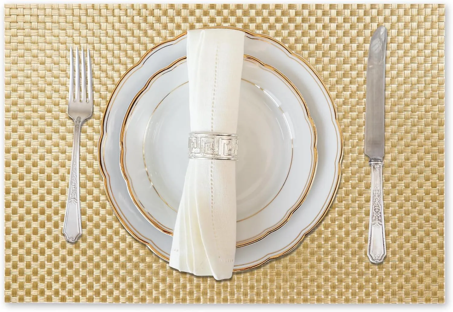 Vinyl Plastic Placemats Set of 6 Washable Heat Resistant Non-Slip Elegant Indoor&Outdoor Kitchen Dining PVC Woven Table Place Mats (Gold Weaving)
