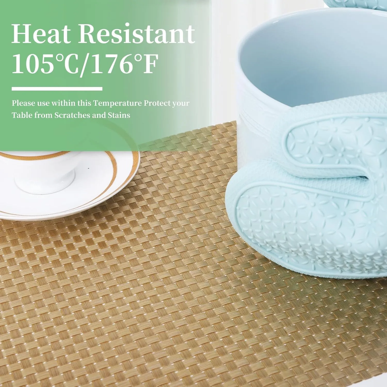 Vinyl Plastic Placemats Set of 6 Washable Heat Resistant Non-Slip Elegant Indoor&Outdoor Kitchen Dining PVC Woven Table Place Mats (Gold Weaving)