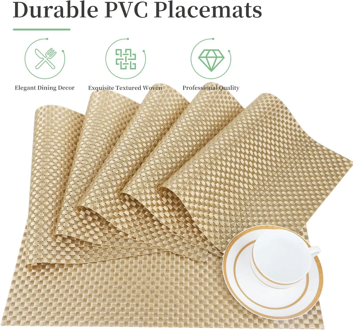 Vinyl Plastic Placemats Set of 6 Washable Heat Resistant Non-Slip Elegant Indoor&Outdoor Kitchen Dining PVC Woven Table Place Mats (Gold Weaving)