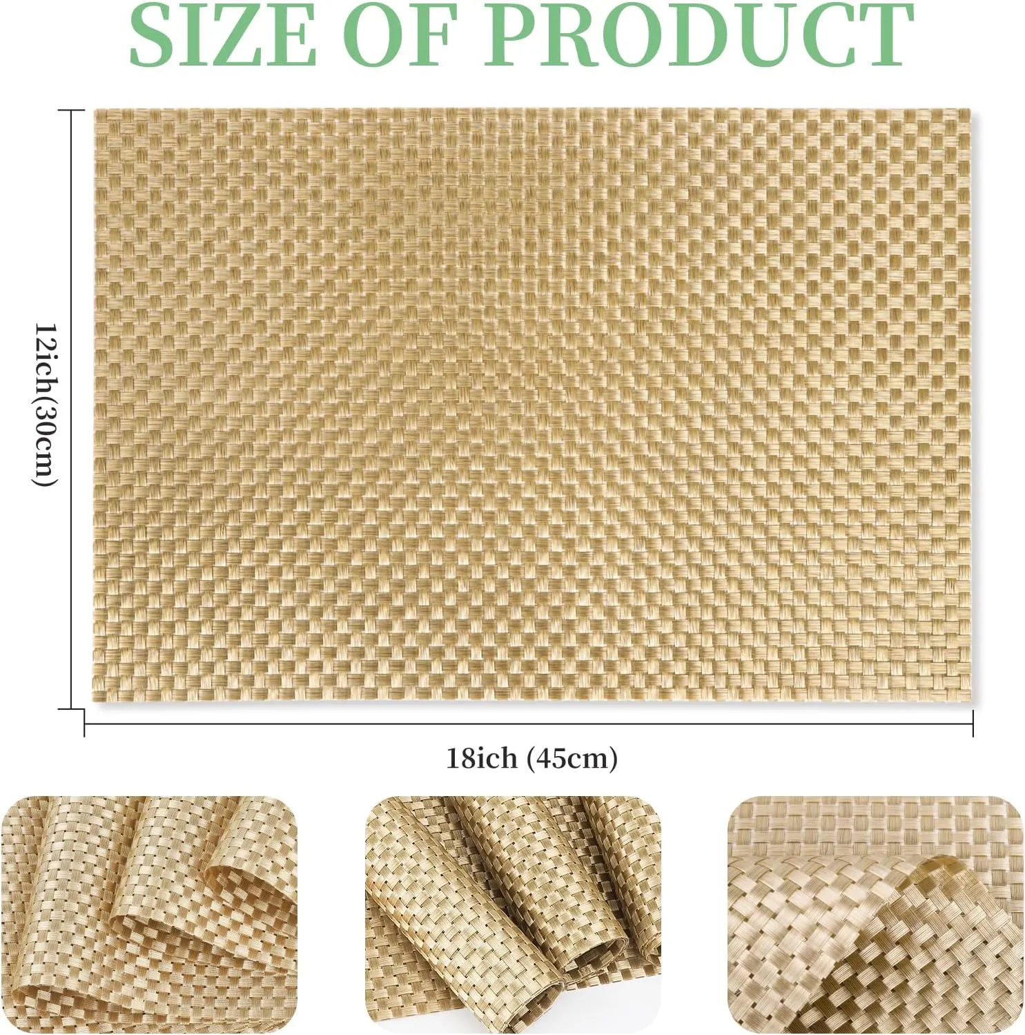 Vinyl Plastic Placemats Set of 6 Washable Heat Resistant Non-Slip Elegant Indoor&Outdoor Kitchen Dining PVC Woven Table Place Mats (Gold Weaving)