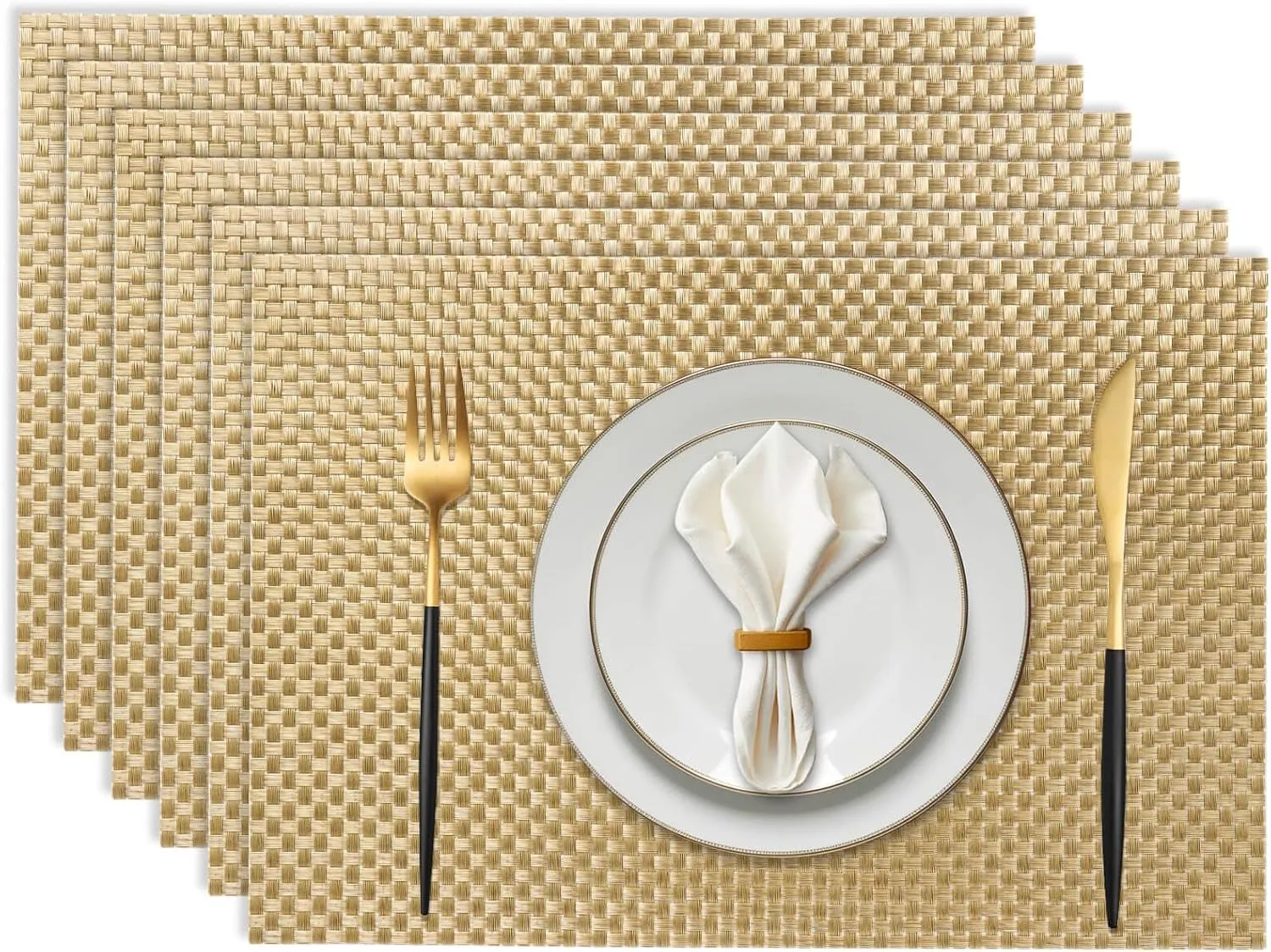Vinyl Plastic Placemats Set of 6 Washable Heat Resistant Non-Slip Elegant Indoor&Outdoor Kitchen Dining PVC Woven Table Place Mats (Gold Weaving)