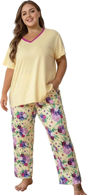 Vozanet Women's Pajama Sets Short Sleeve with Long Pant Soft Sleepwear Printed pj Loungewear With TWO Pockets Size 1X to 5X