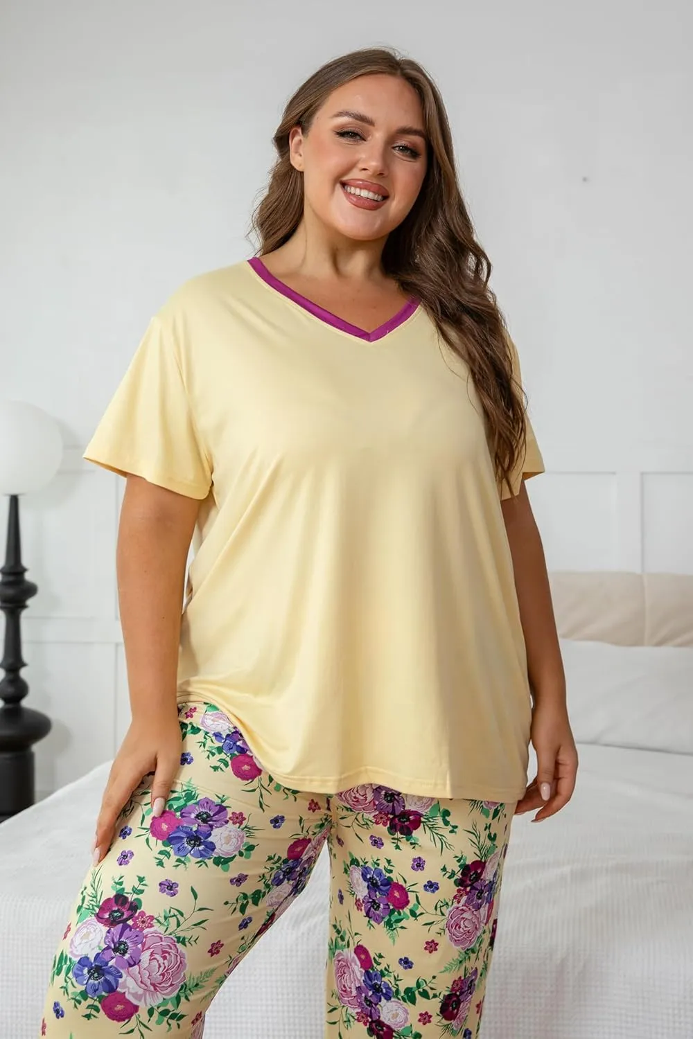 Vozanet Women's Pajama Sets Short Sleeve with Long Pant Soft Sleepwear Printed pj Loungewear With TWO Pockets Size 1X to 5X