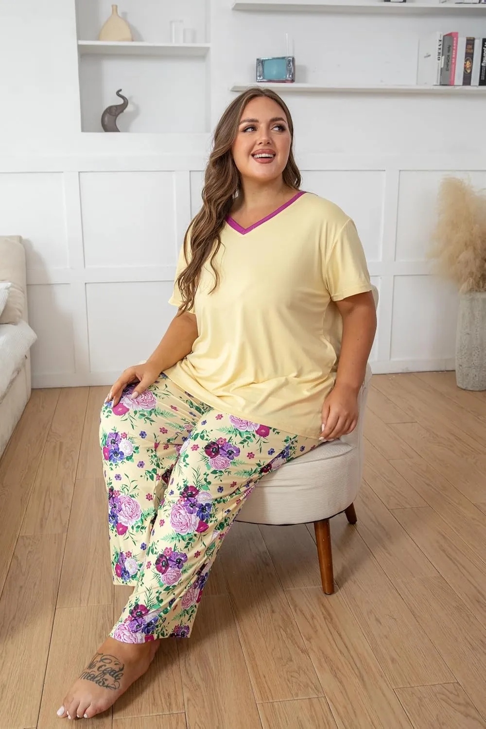 Vozanet Women's Pajama Sets Short Sleeve with Long Pant Soft Sleepwear Printed pj Loungewear With TWO Pockets Size 1X to 5X