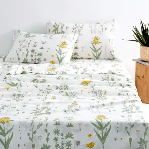 Wake In Cloud - Botanical Bed Sheets, 100% Cotton, 4-Piece Sheet Set, Cute Floral Shabby Chic Cottagecore Coquette Flower Aesthetic Bedding, Deep Pocket, Yellow Green, King Size