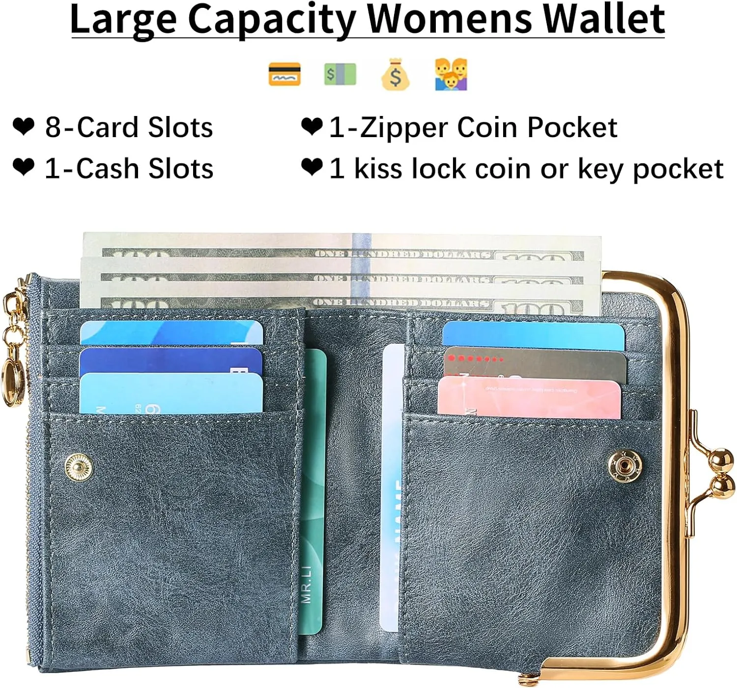 Wallet Women Small RFID Blocking Bifold Leather Wallets for Women Vintage Coin Purse With Zipper and Kiss Lock