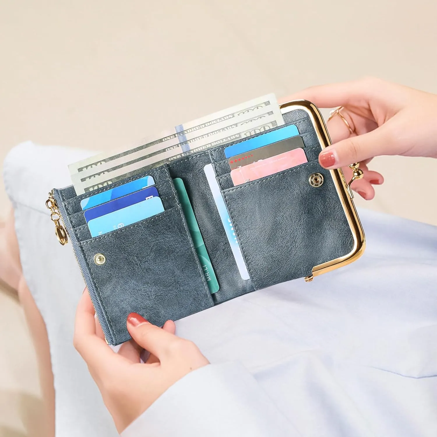 Wallet Women Small RFID Blocking Bifold Leather Wallets for Women Vintage Coin Purse With Zipper and Kiss Lock