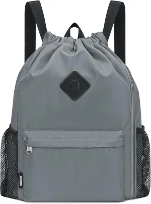 WANDF Drawstring Backpack Sports Gym Bag with Shoes Compartment, Water-Resistant String Backpack Cinch for Women Men(Large,Grey)