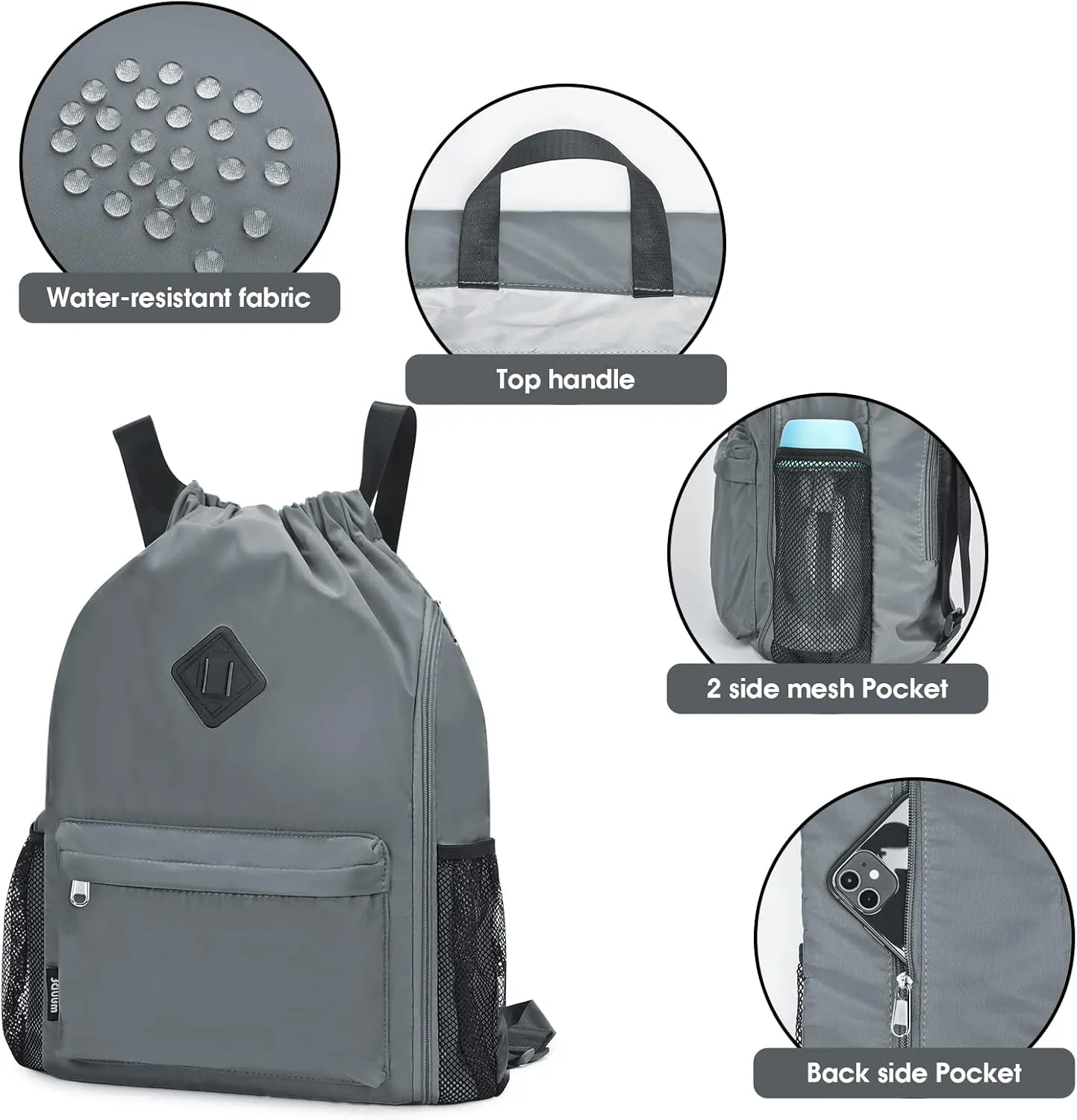 WANDF Drawstring Backpack Sports Gym Bag with Shoes Compartment, Water-Resistant String Backpack Cinch for Women Men(Large,Grey)