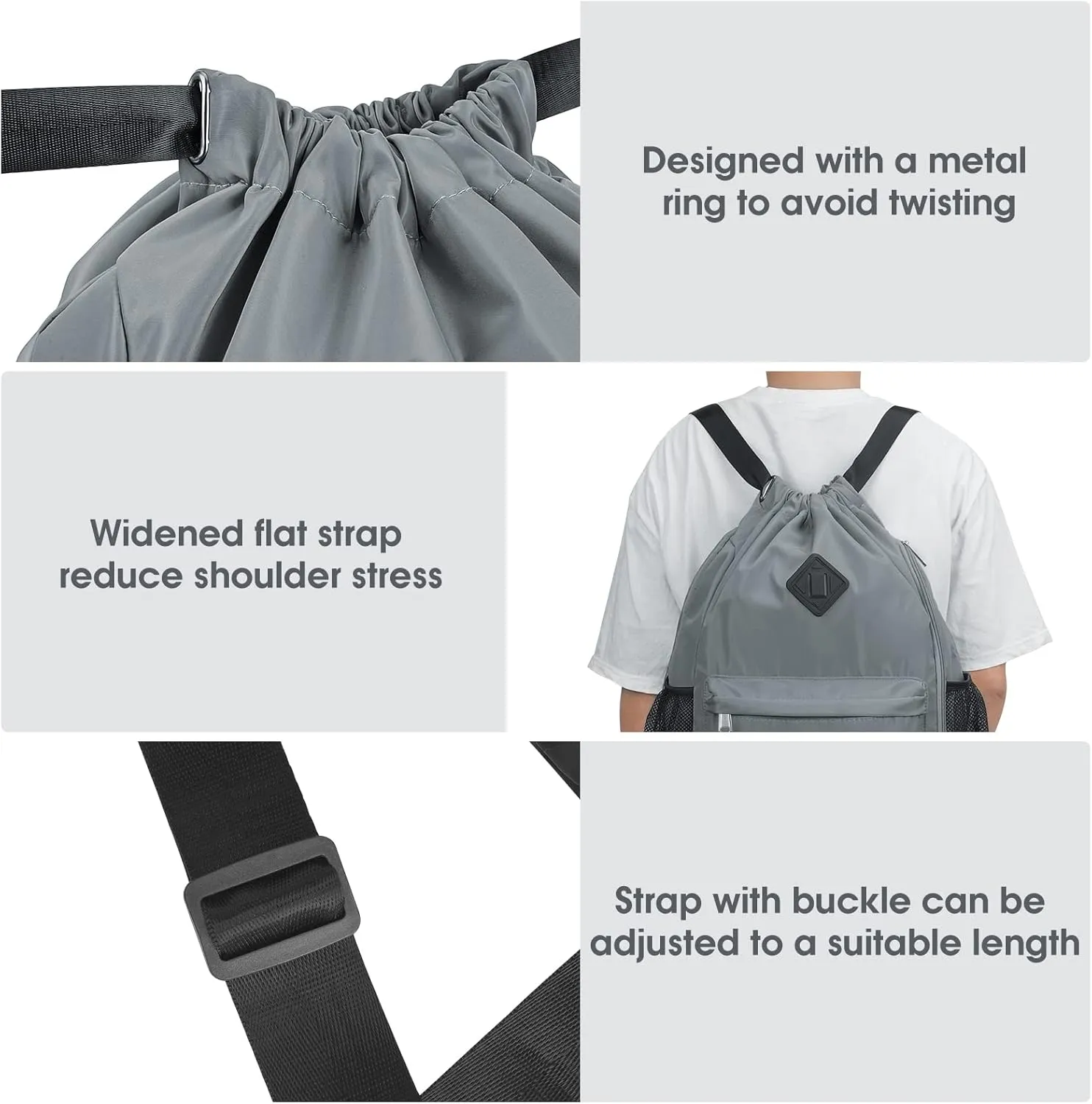 WANDF Drawstring Backpack Sports Gym Bag with Shoes Compartment, Water-Resistant String Backpack Cinch for Women Men(Large,Grey)