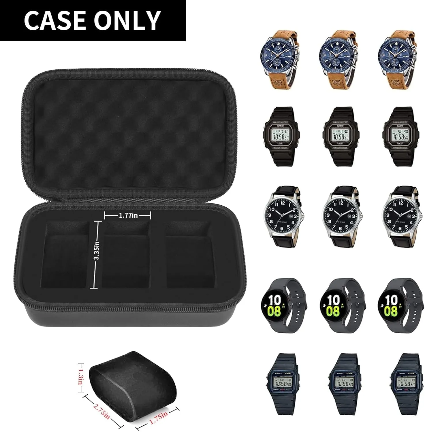 Watch Box Organizer/Men Watch Display Storage Case Fits All Wristwatches and Smart Watches up to 42mm 3 Slots -Black