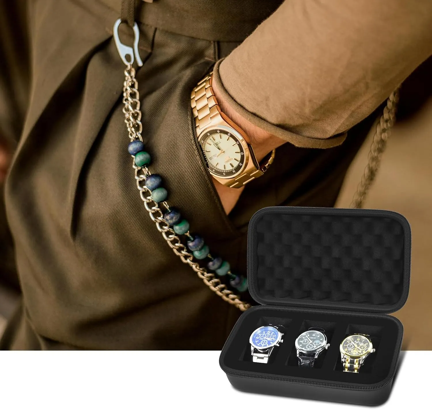 Watch Box Organizer/Men Watch Display Storage Case Fits All Wristwatches and Smart Watches up to 42mm 3 Slots -Black